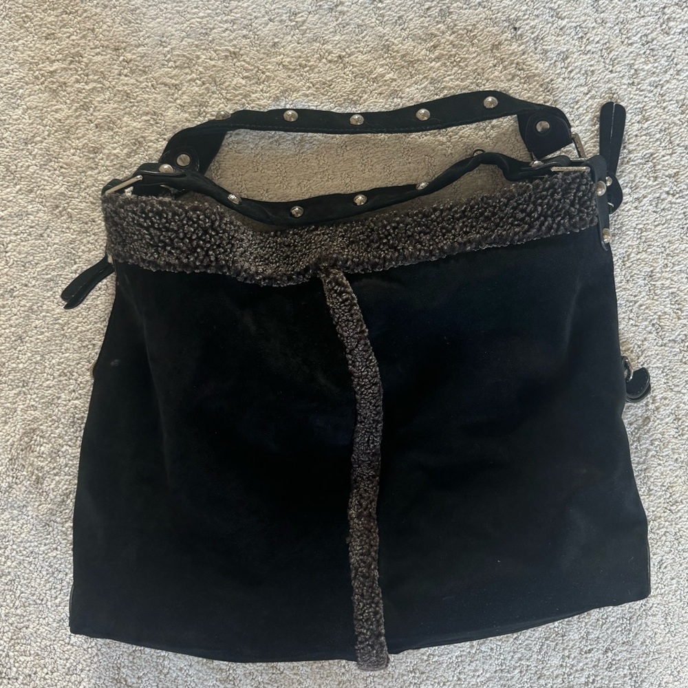 Stuart Weitzman black suede shoulder bag with sherpa